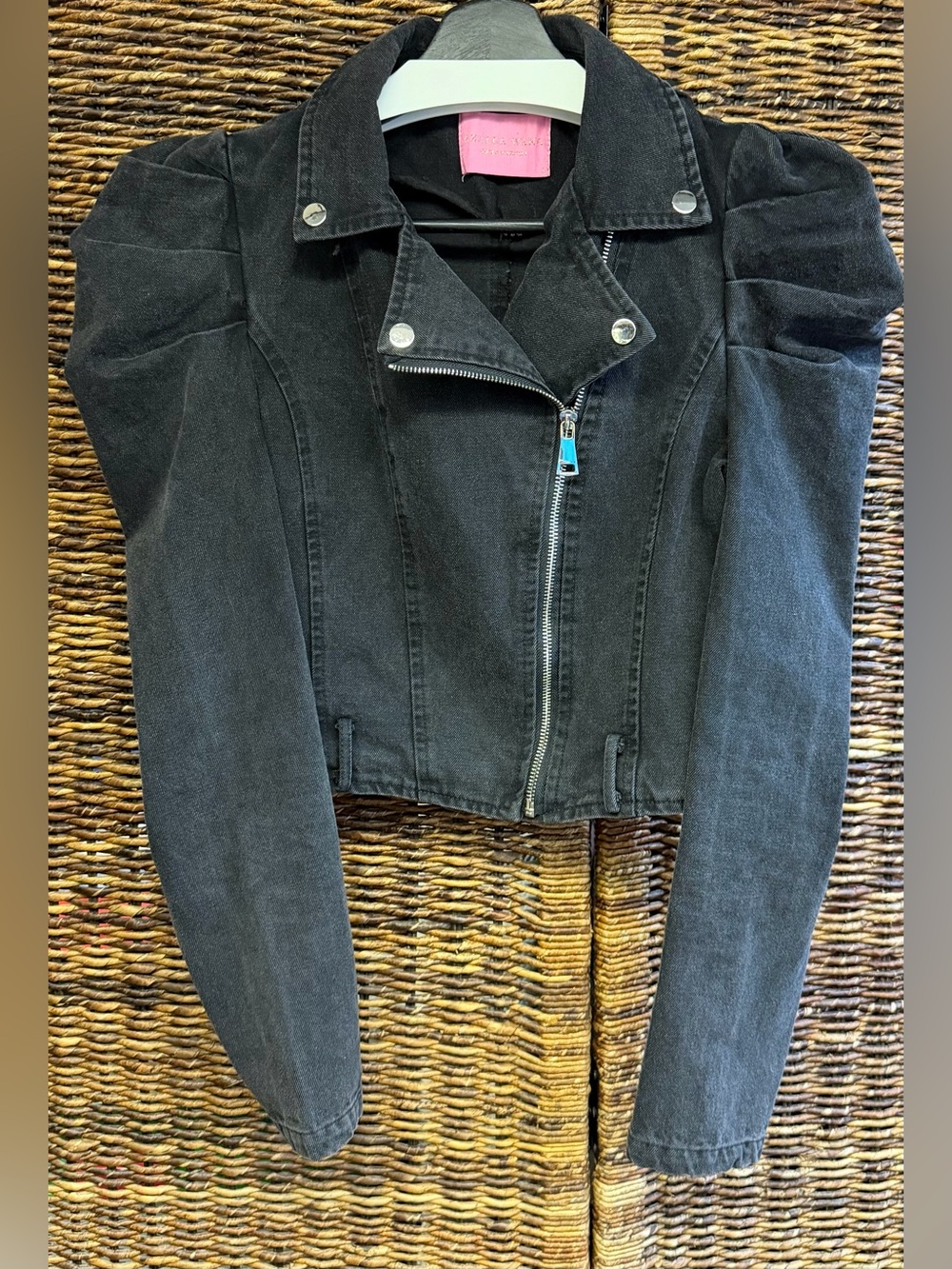 Azalea Wang Black Cropped‎ Denim Moto Jacket- Missing belt, Size:Small